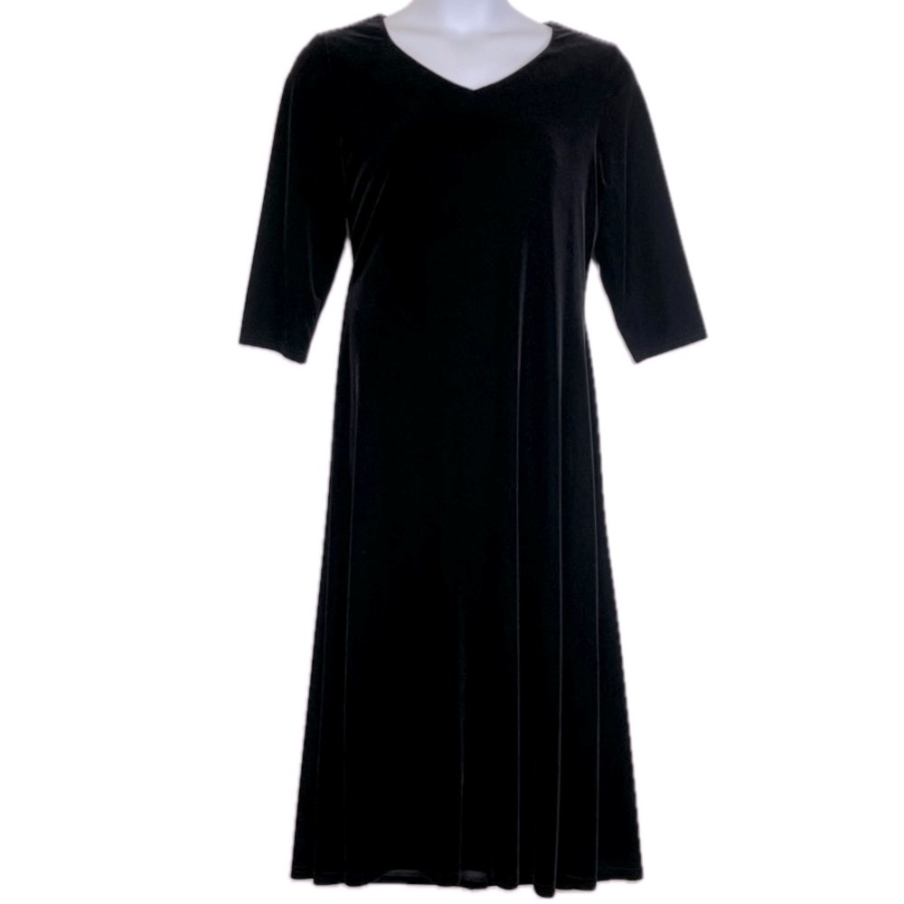 Talbots Velvet Midi Dress Size L Black Lined V Neck Elbow Sleeves Satin Detail